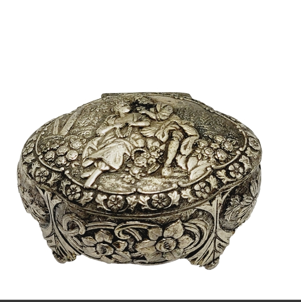 Vintage Silver Plated Carved Footed Hinged Lid Trinket Casket Jewelry Box Japan.